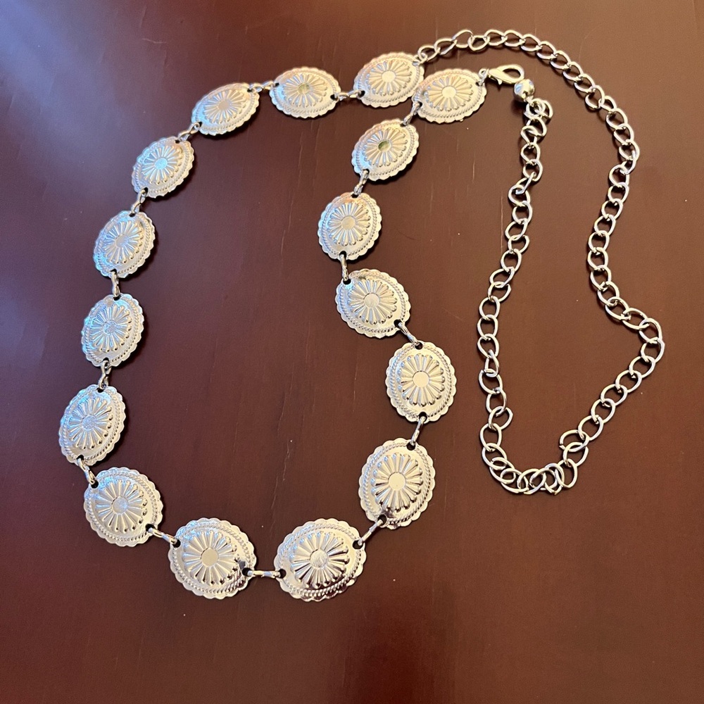 48” Long Western Boho Floral Silver Small Concho Chain Belt New